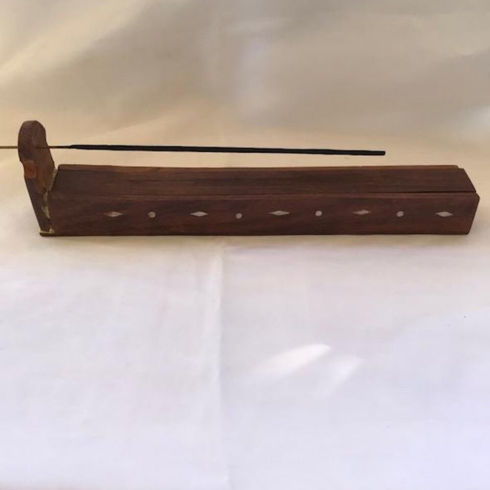 DAMAGED Agarbatti Wood Handmade Coffin Box Incense Burner Holder White Inlay